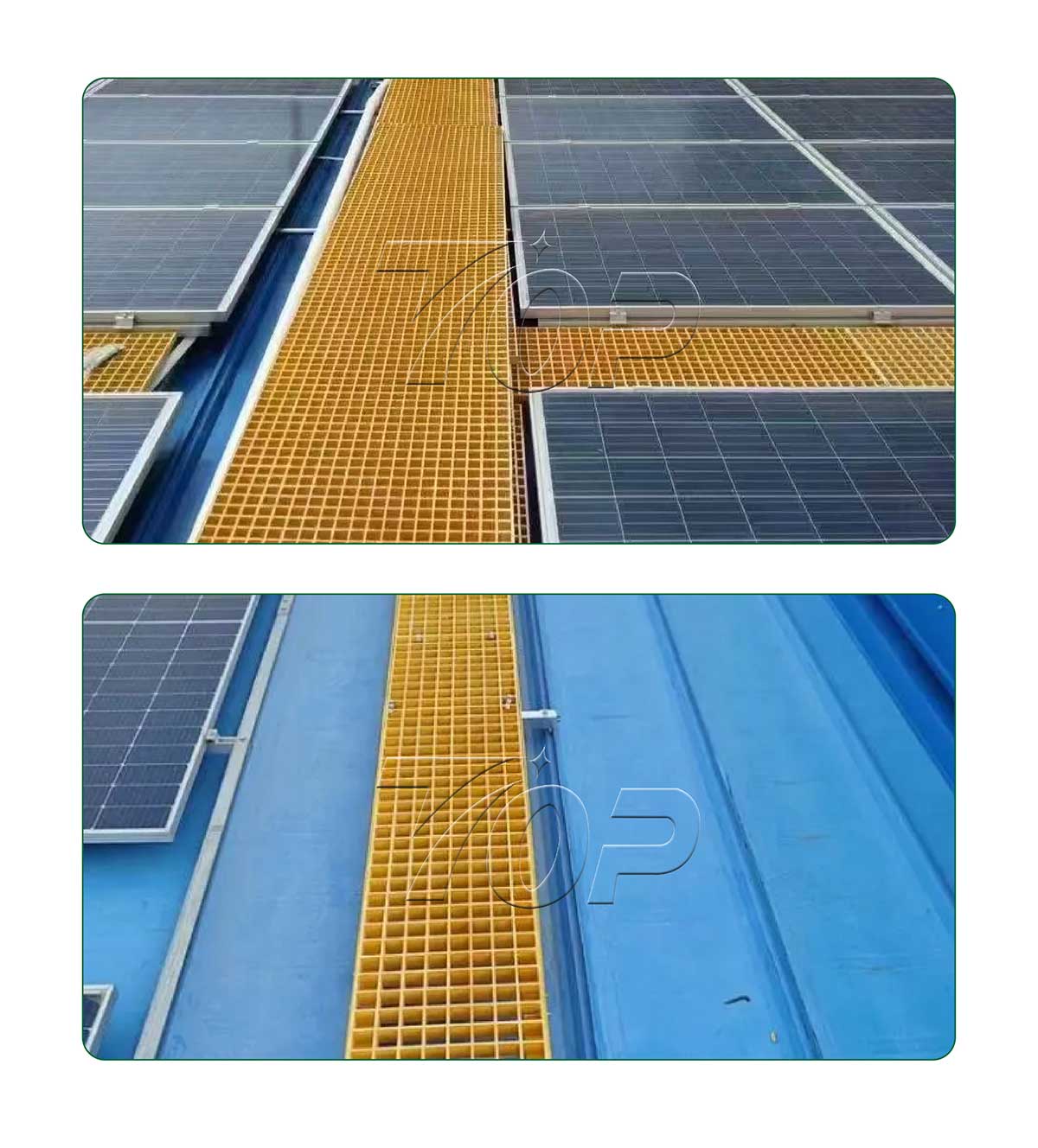 Solar rooftop walkways with grit non-slip FRP grating